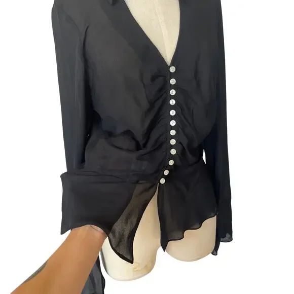 2000's Y2K top size 10 Anne Klein black sheer button up silk whimsigoth witchy - Picture 3 of 8